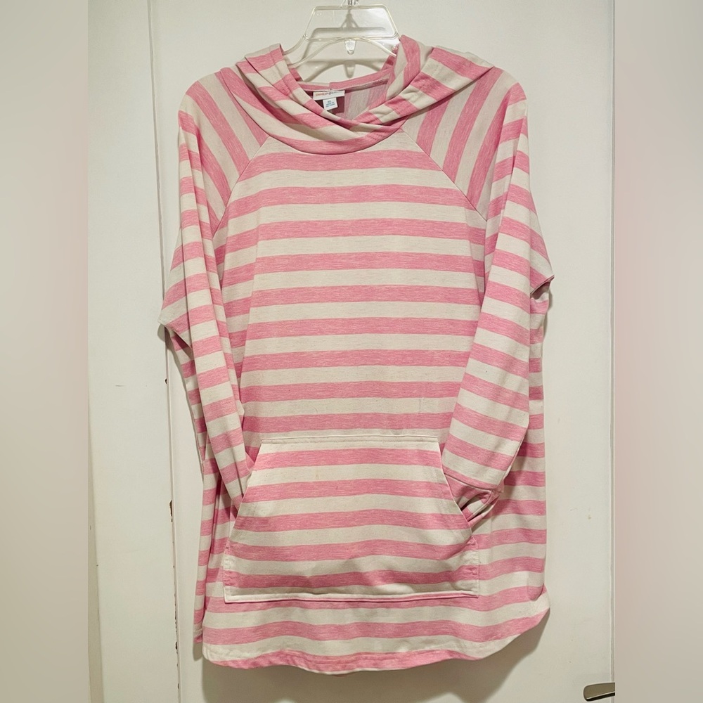 🎈3/$39 LuLaRoe “Amber” Pink White Striped Hooded Top Pullover Kangaroo Hoodie